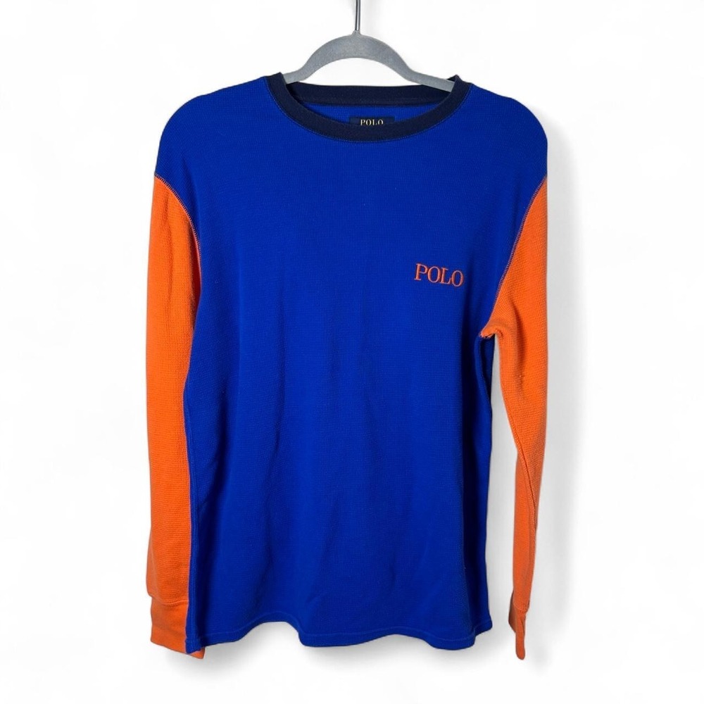 Polo Ralph‎ Lauren Thermal Shirt Mens Large Blue Orange Colorblock Waffle Knit
